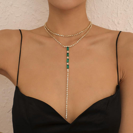 N9872 Fashion Versatile Y-shaped Necklace Simple Temperament Full Diamond Back Chain Super Flash Light Luxury Double Layer Necklace Women