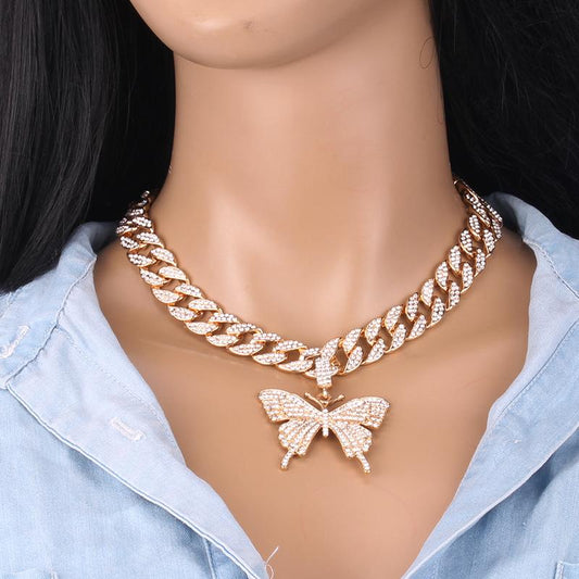 Necklace hip-hop trend ins diamond-studded butterfly Cubara big gold clavicle chain unisex