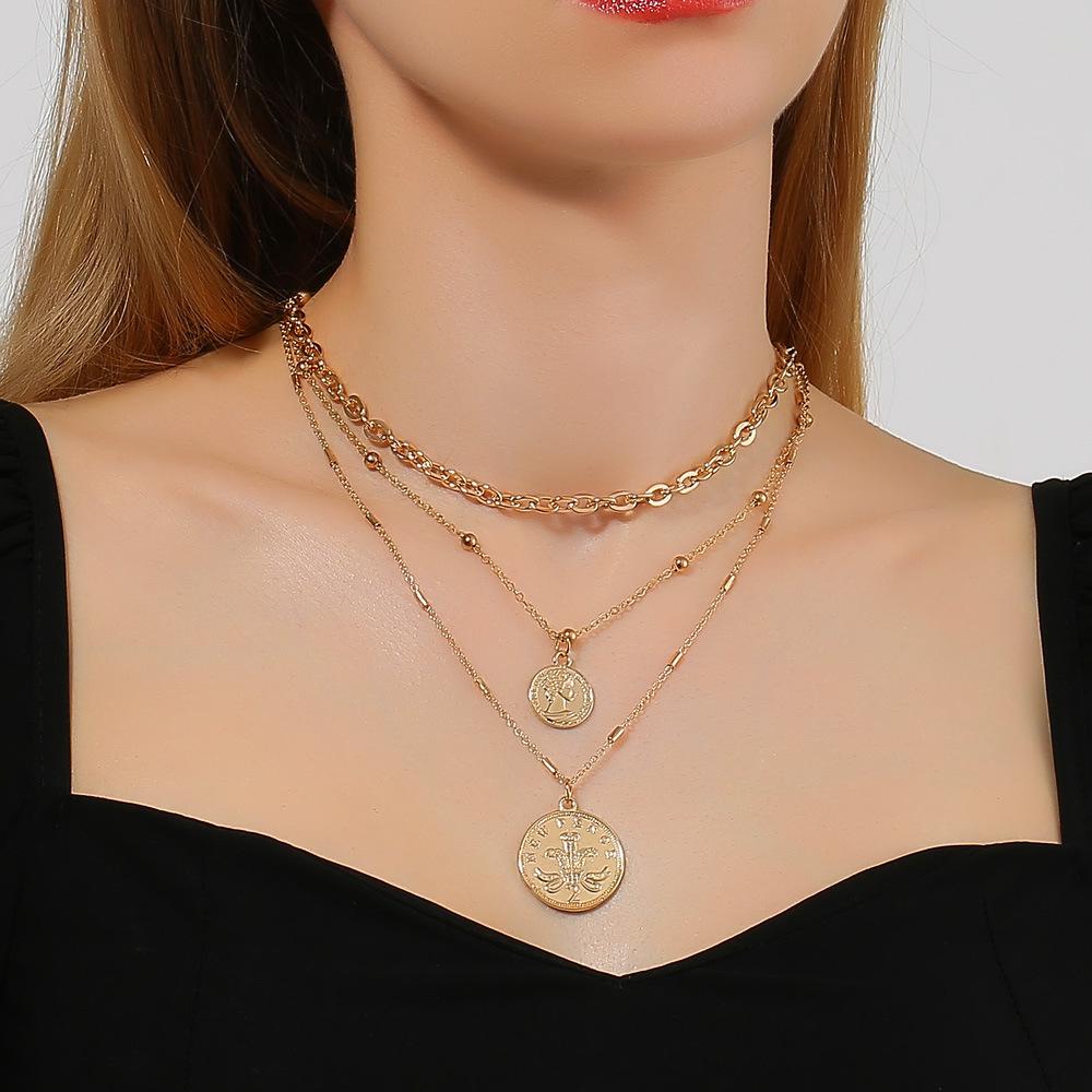 Ins exaggerated multi-layer portrait necklace punk hip-hop trendy metal thick chain stacked coin necklace female