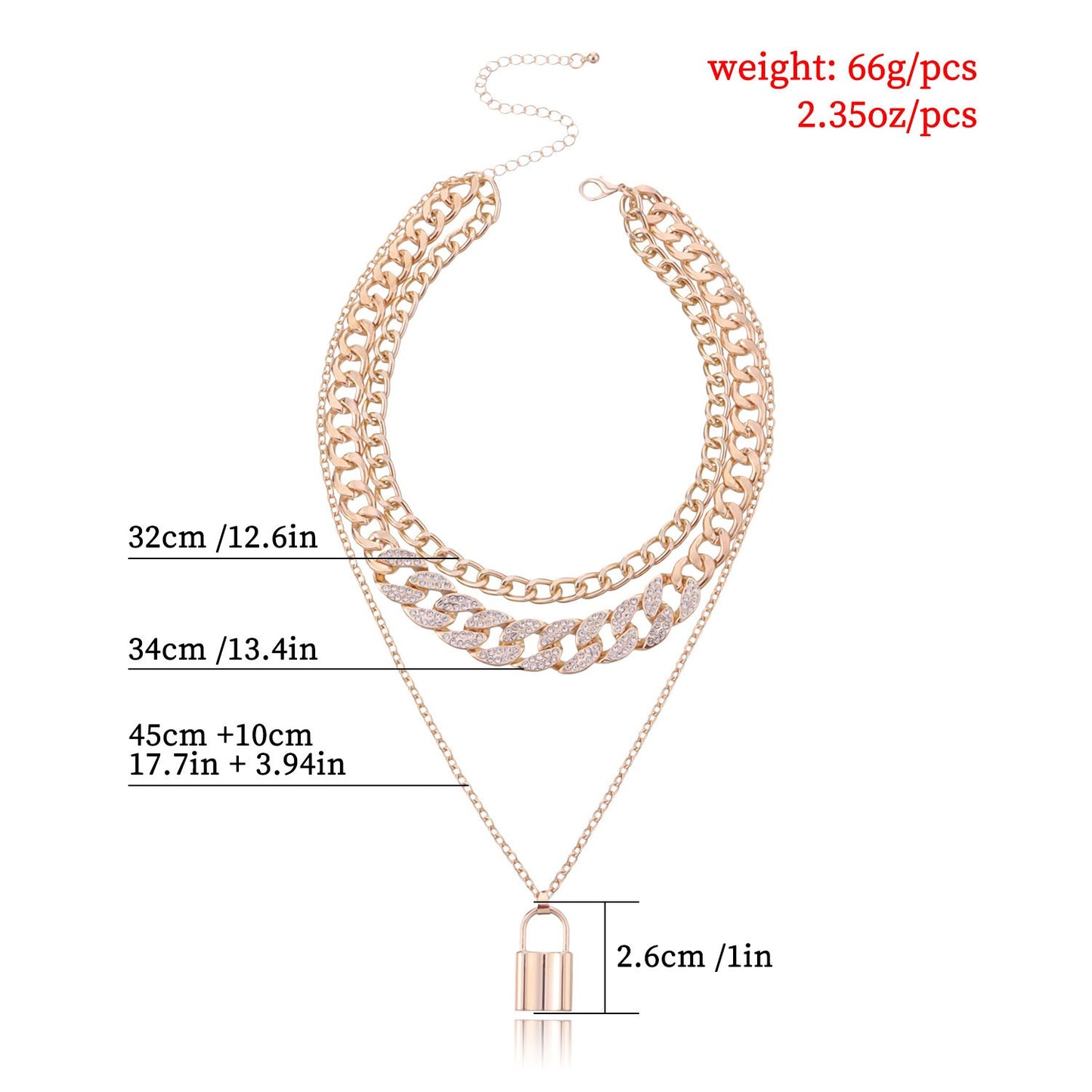 Geometric Metal Lock Pendant Necklace Femininity Versatile Multi-layer Full Diamond Chain Necklace