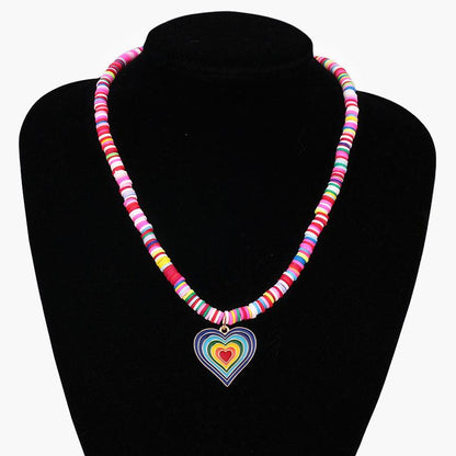 Niche design sense rainbow color soft pottery beaded gradient color love necklace female simple all-match necklace