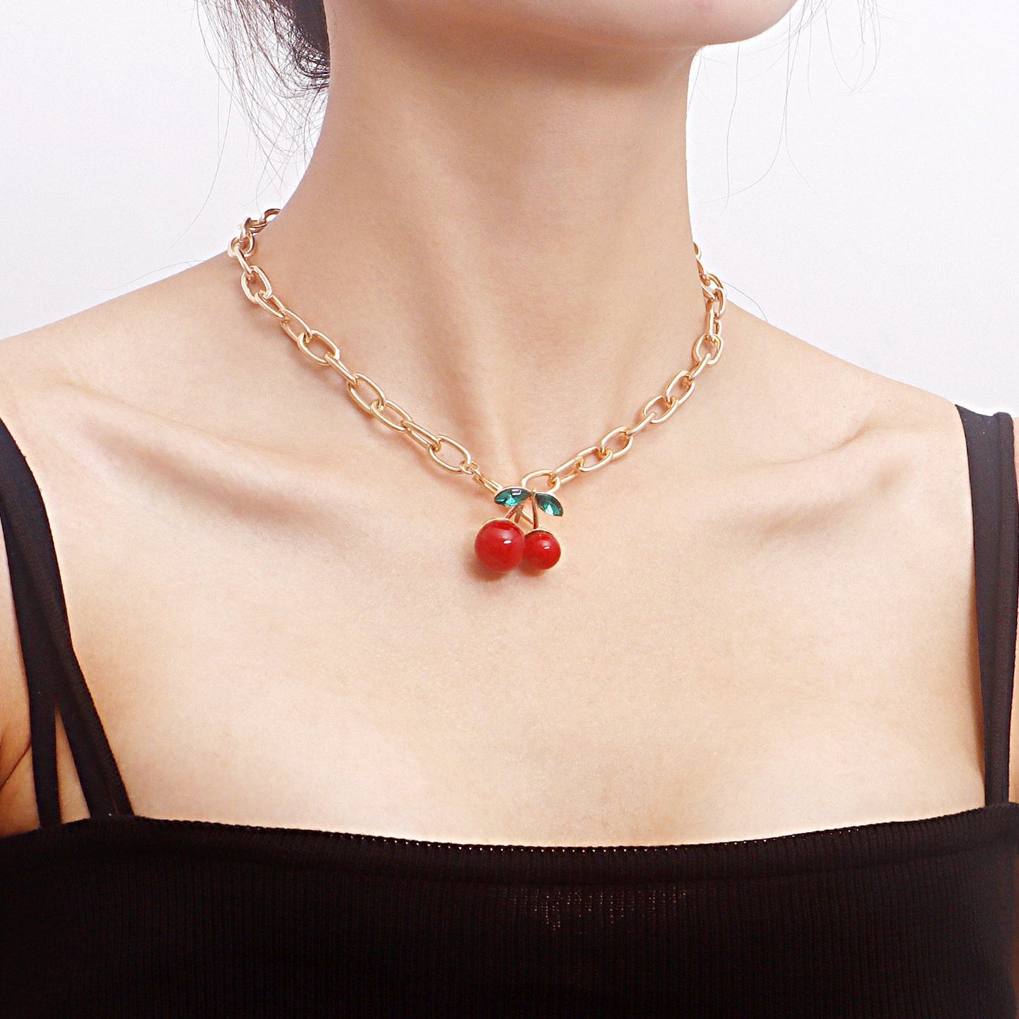 Jewelry y2k geometric exaggerated thick chain big red cherry pendant necklace female explosive necklace