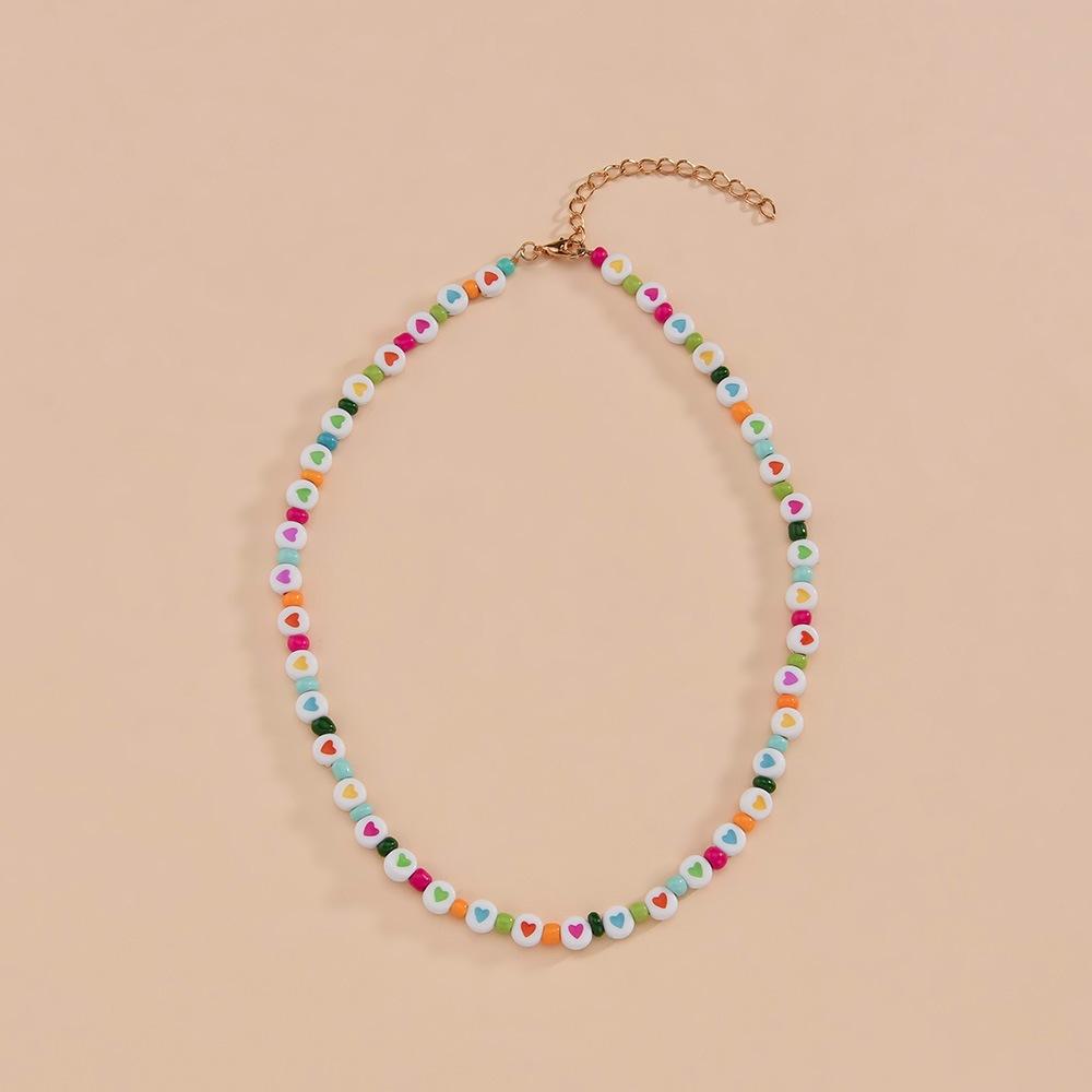 Fashion Color Peach Heart Necklace Beach Vacation Color Rice Bead Necklace Clavicle Chain Jewelry