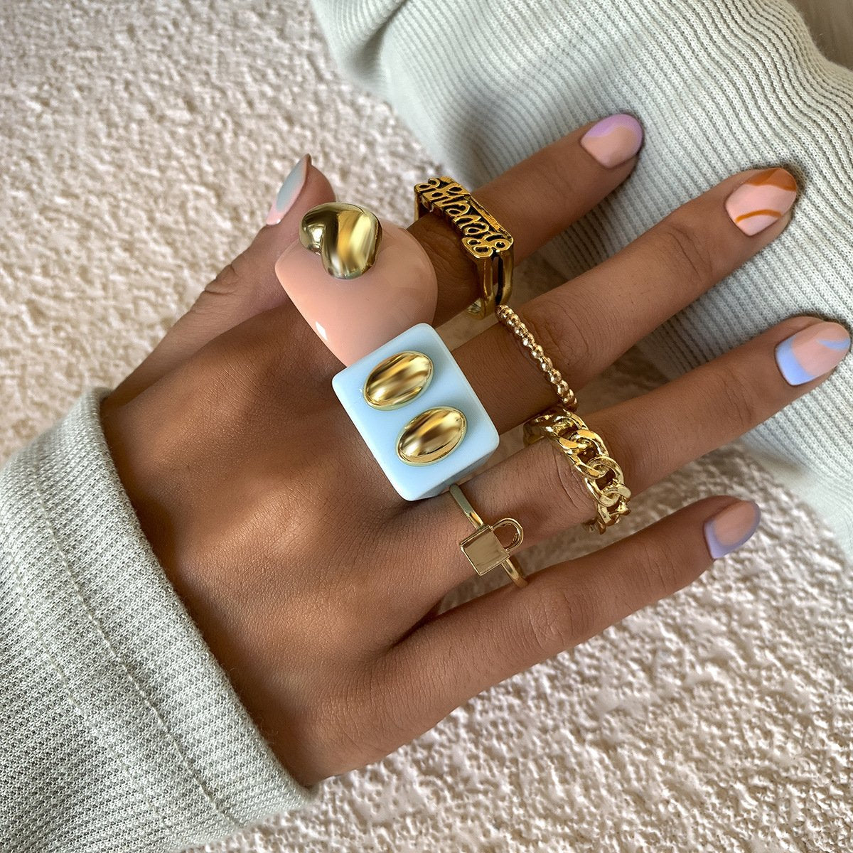 Mix and match lock-shaped peach heart letters multi-element ring set macaron color acrylic stacked rings for women