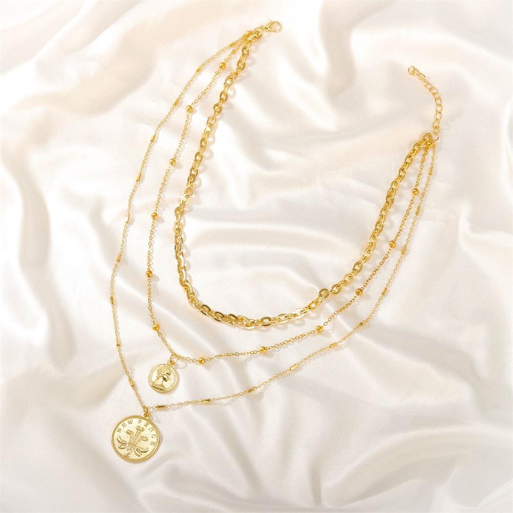 Ins exaggerated multi-layer portrait necklace punk hip-hop trendy metal thick chain stacked coin necklace female