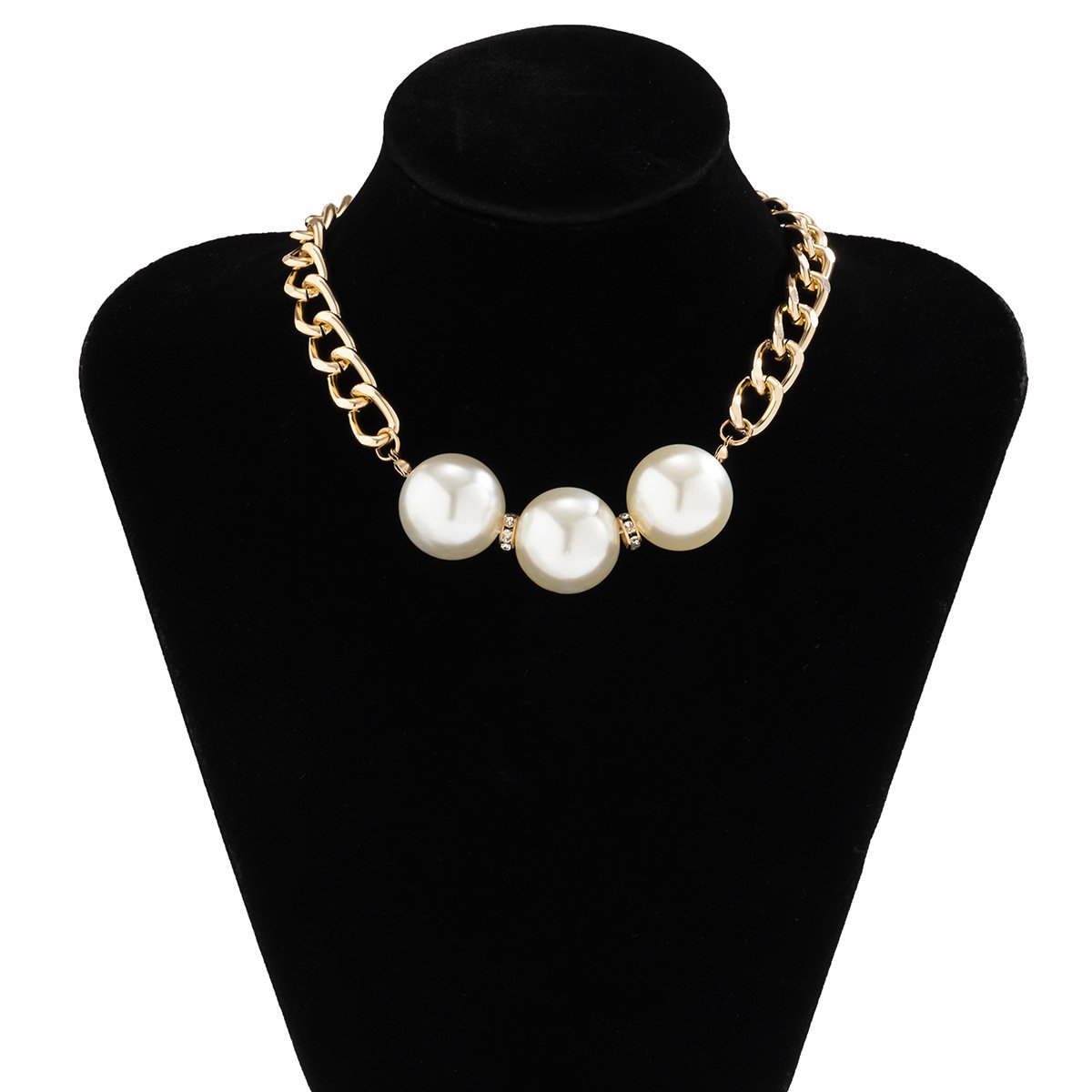 Jewelry Trend Geometric Thick Chain Hip-Hop Necklace Niche Personality Imitation Pearl Rhinestone Clavicle Chain