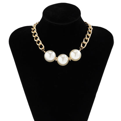 Jewelry Trend Geometric Thick Chain Hip-Hop Necklace Niche Personality Imitation Pearl Rhinestone Clavicle Chain