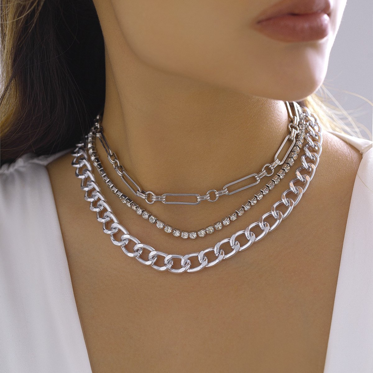 Jewelry punk multi-layered rhinestone necklace cold sweet cool temperament chain necklace female