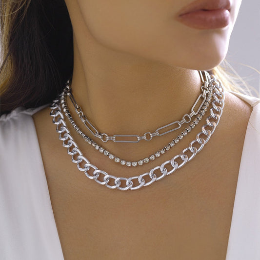 Jewelry punk multi-layered rhinestone necklace cold sweet cool temperament chain necklace female