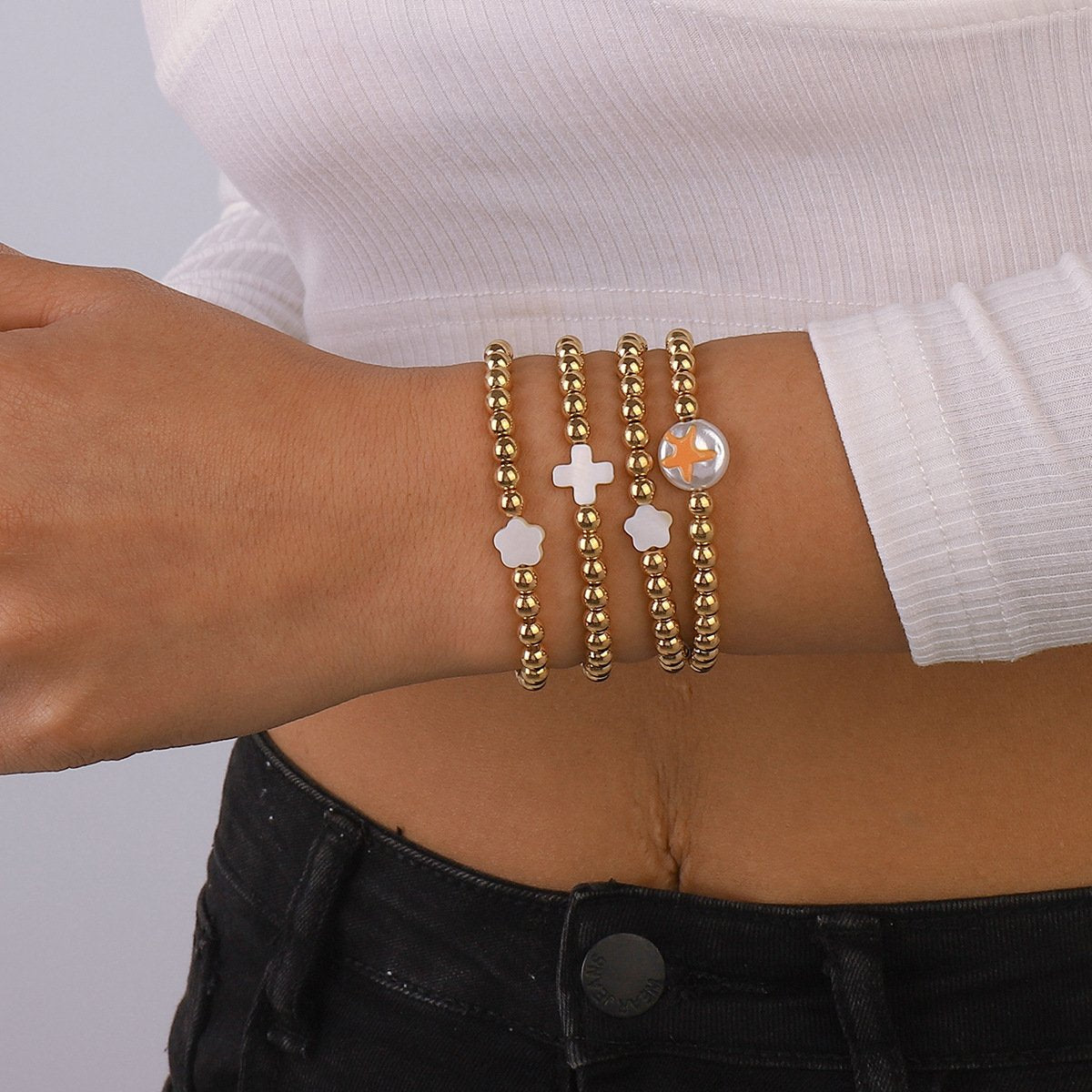 B1817 Ethnic Beaded Bracelet Bohemia Bee Strawberry Starfish Print Pearl Retro Bracelet