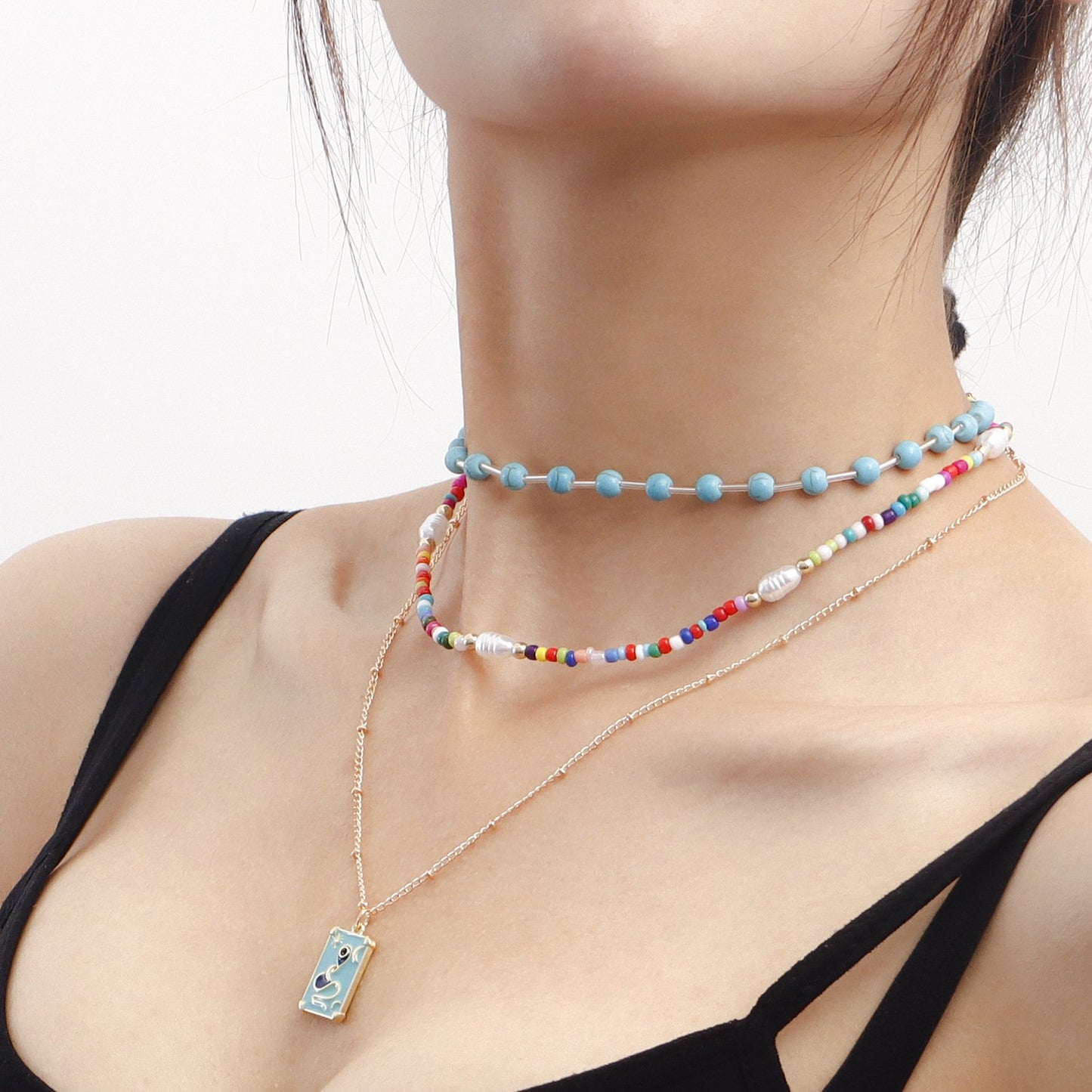 Jewelry Bohemian double-layer colored rice beads turquoise necklace female geometric trendy matching accessories
