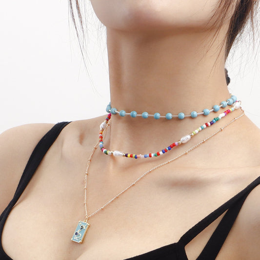 Jewelry Bohemian double-layer colored rice beads turquoise necklace female geometric trendy matching accessories