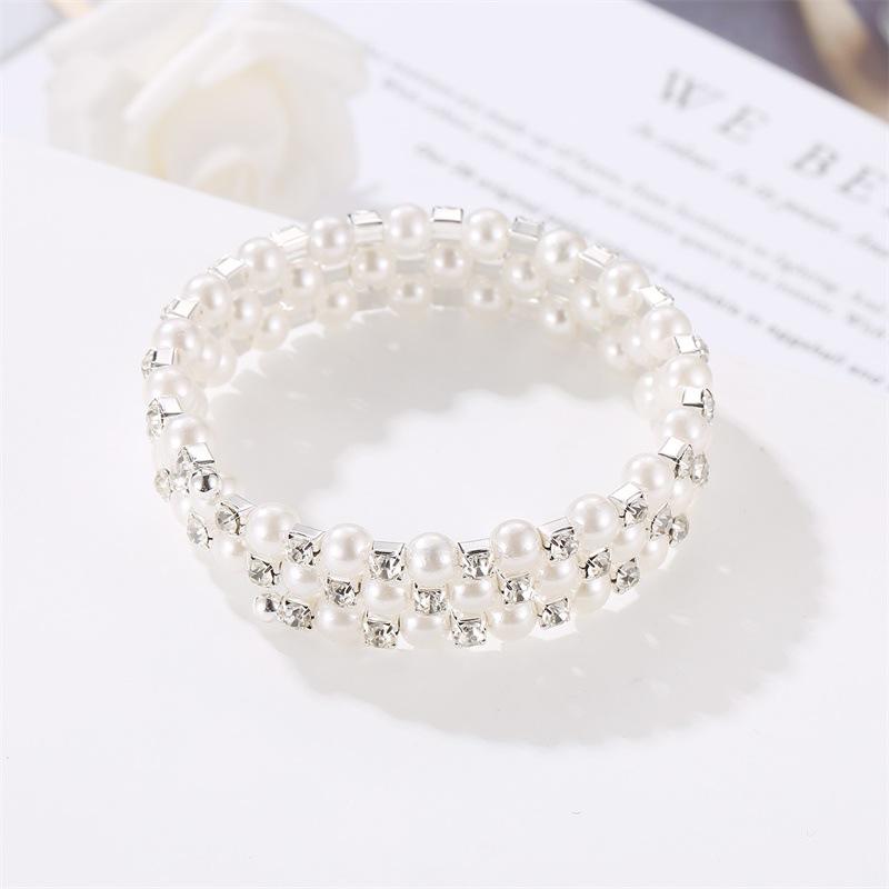 Jewelry sweet full diamond spring bracelet three layers of pearl winding spiral bracelet bridal jewelry