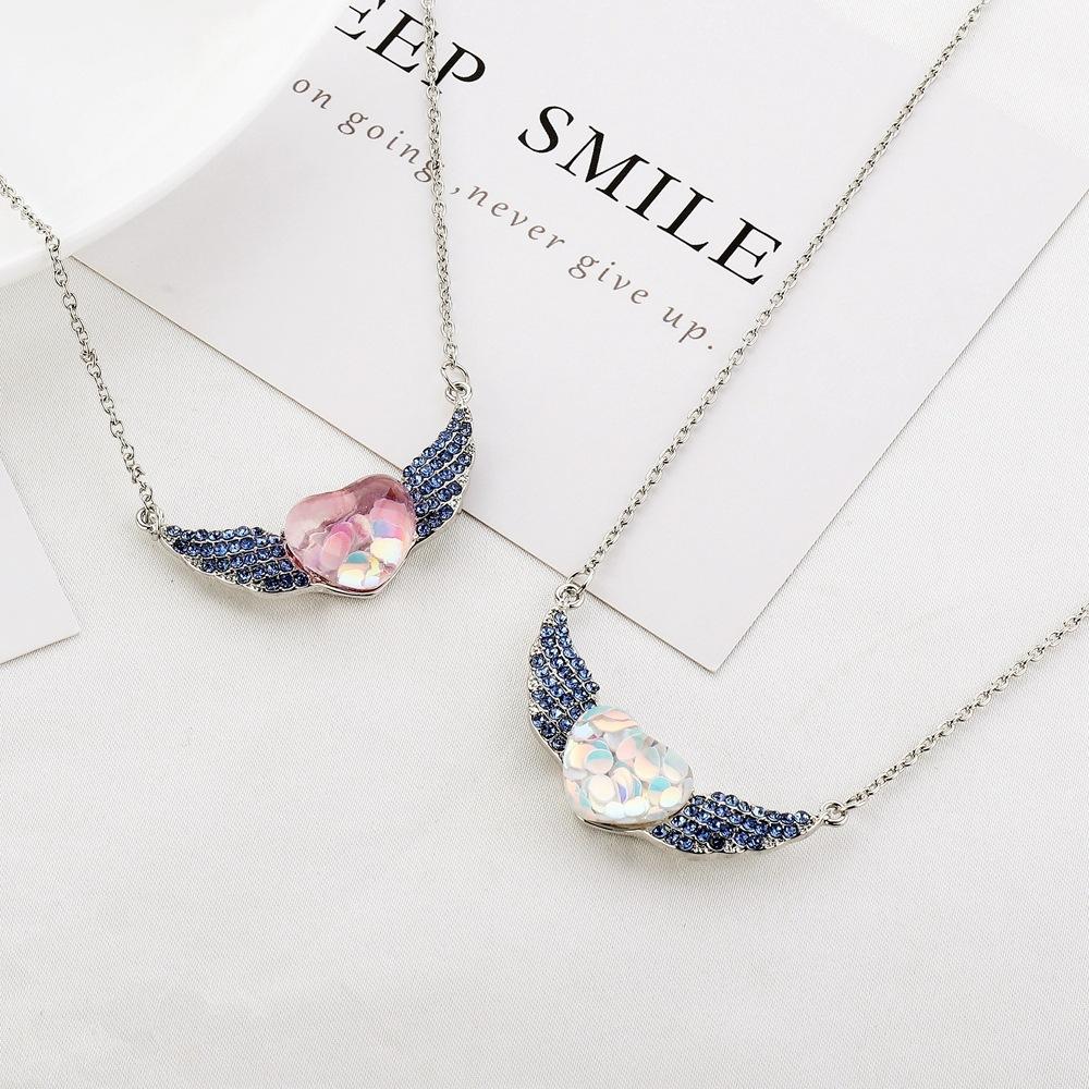 Fashion Simple Heart Necklace Creative Diamond Angel Wings Pendant Jewelry