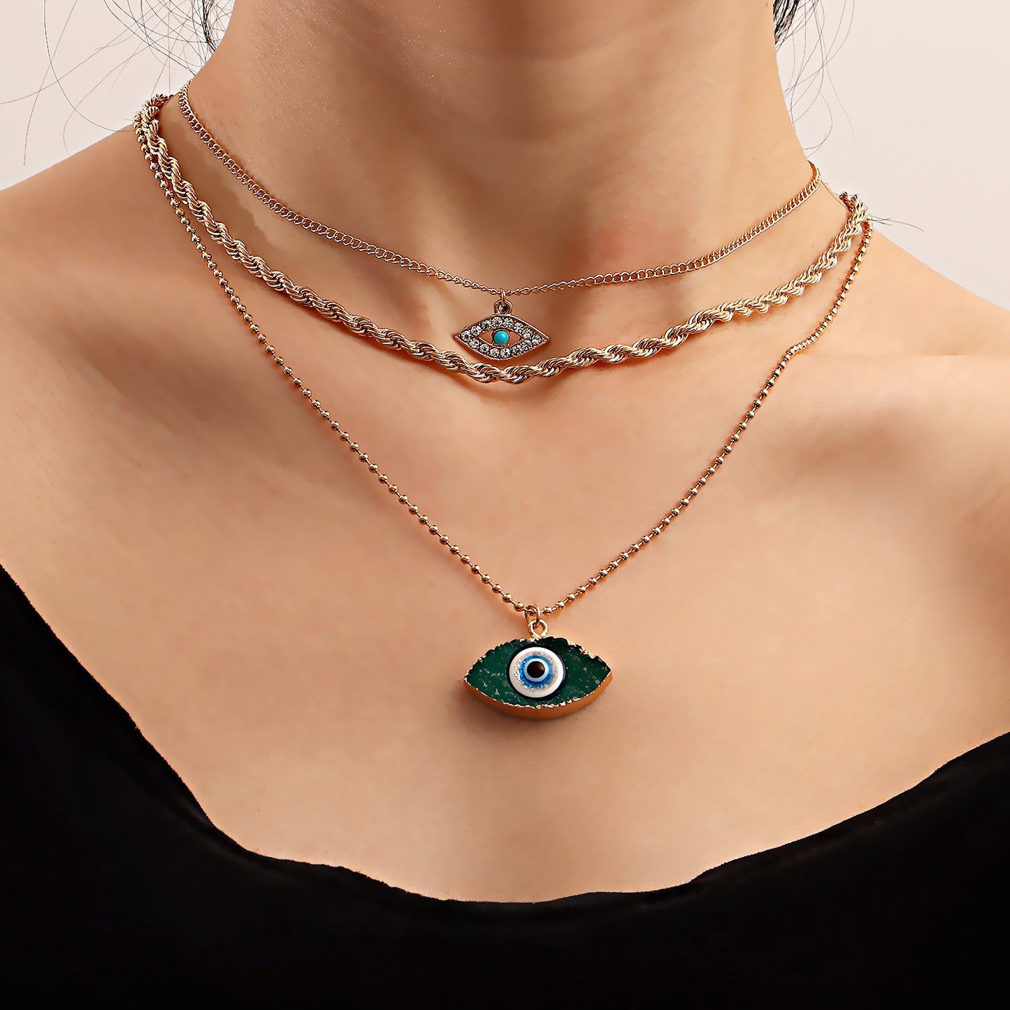 Explosive style fashion creative niche necklace devil's eye hip-hop twist chain choker stacked necklace female