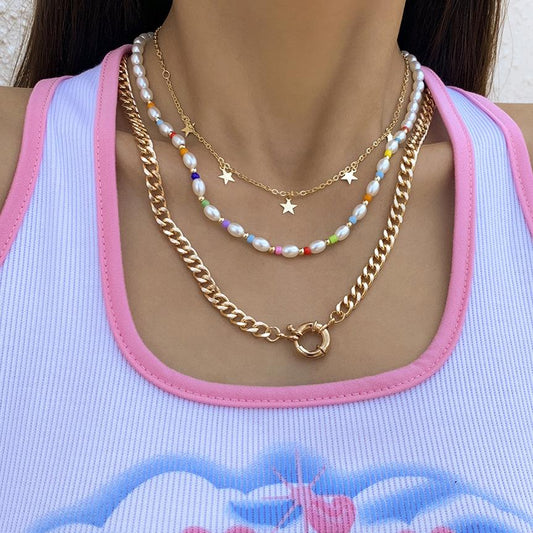 Vacation Colorful Flower Bead Necklace Female Simple Pearl Metal Tag Peach Heart Necklace