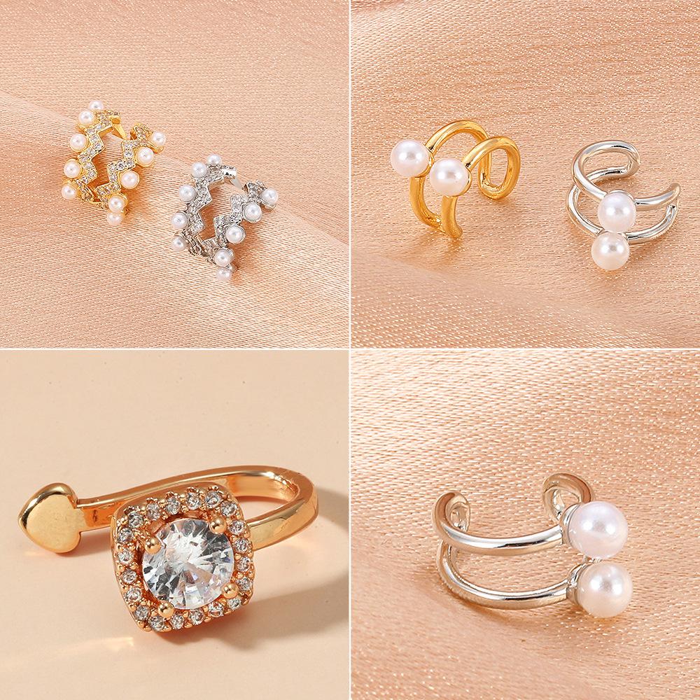 Simple zircon hole-free earrings fashion copper diamond-studded pearl C-shaped ear clip high-end geometric hollow earrings