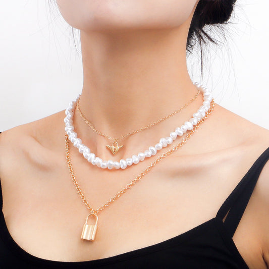 Jewelry Xiaoxiang multi-layer special-shaped highlight imitation pearl angel love padlock pendant necklace female