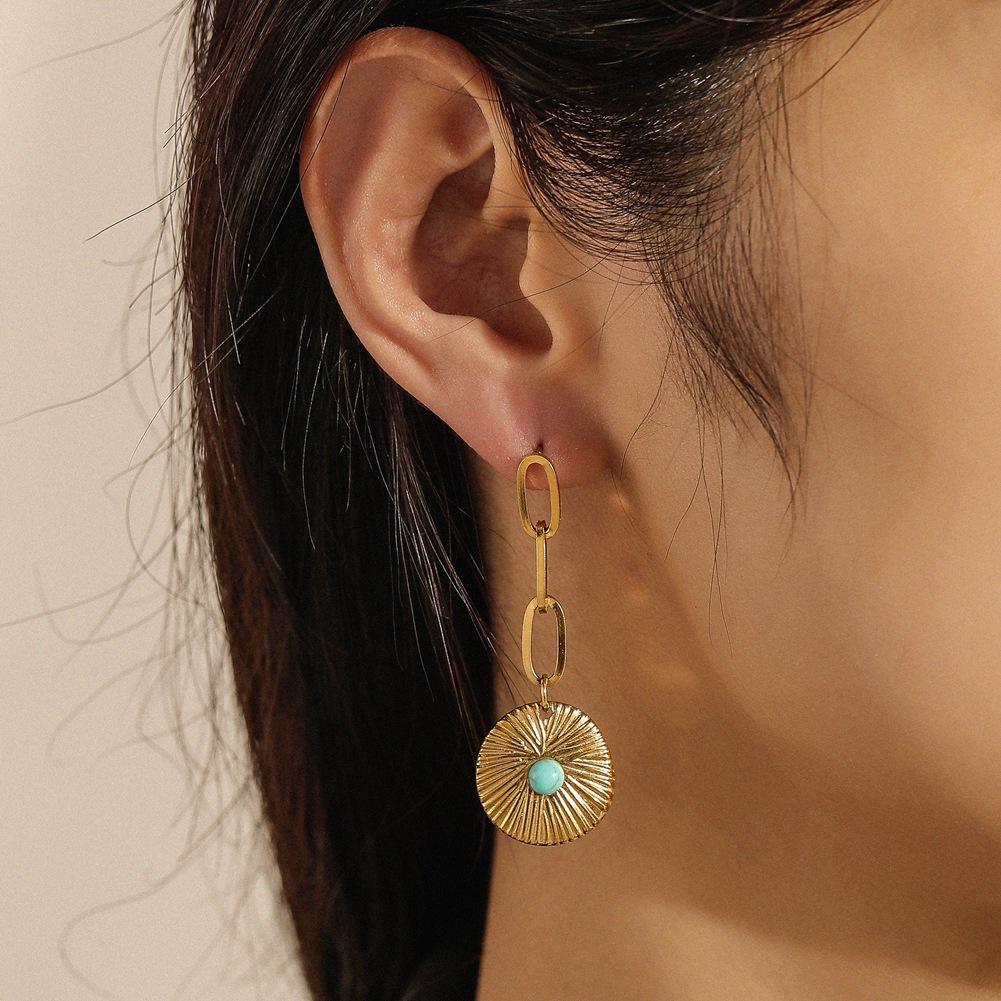 Personalized retro stainless steel gold asymmetric round coin turquoise sword earrings titanium steel trendy fresh earrings for women