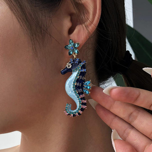 E8476 fashion ocean earrings female dripping oil hippocampus creative earrings trendy street photography animal earrings