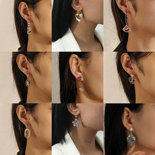 Geometric Pearl Color Gravel Earrings Heart Hollow Ear Studs Retro Temperament Fashion Trendy Earrings