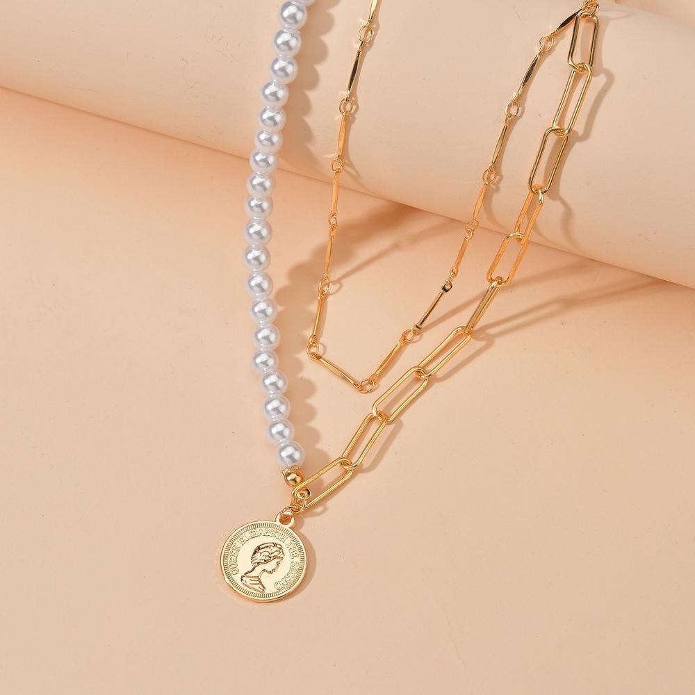 Fashion Alloy Queen Head Pendant Necklace Multilayer Imitation Pearl Necklace Accessories