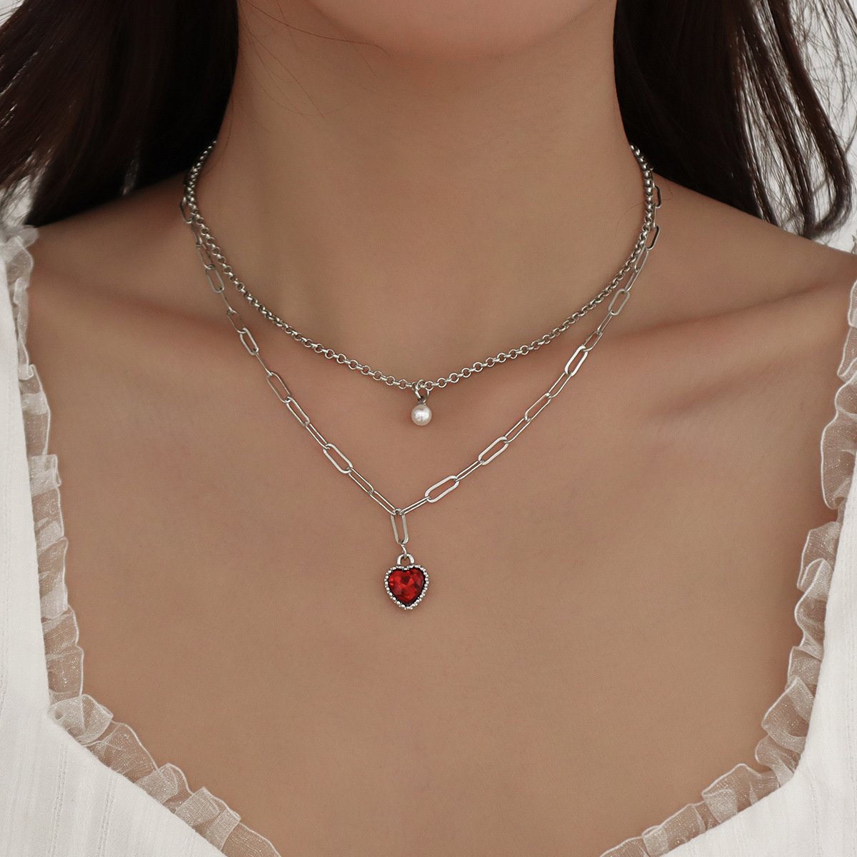 N9678 Jewelry Geometric Simple Pearl Necklace Niche Temperament Ladies Fashion Double Clavicle Chain