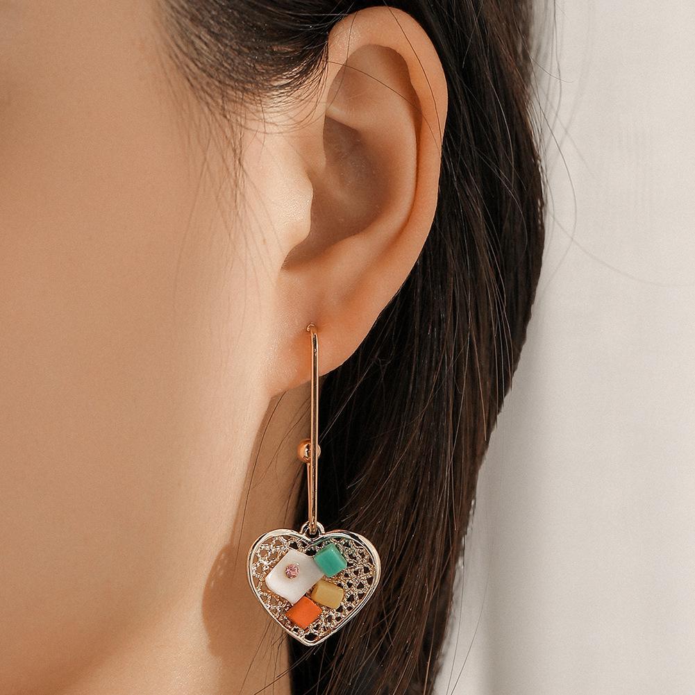 Small fresh hollowed out love diamond shell earrings personality candy color temperament long heart-shaped earrings