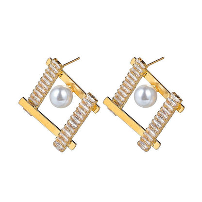 European fashion full diamond pearl retro square earrings ins simple zircon temperament square earrings jewelry