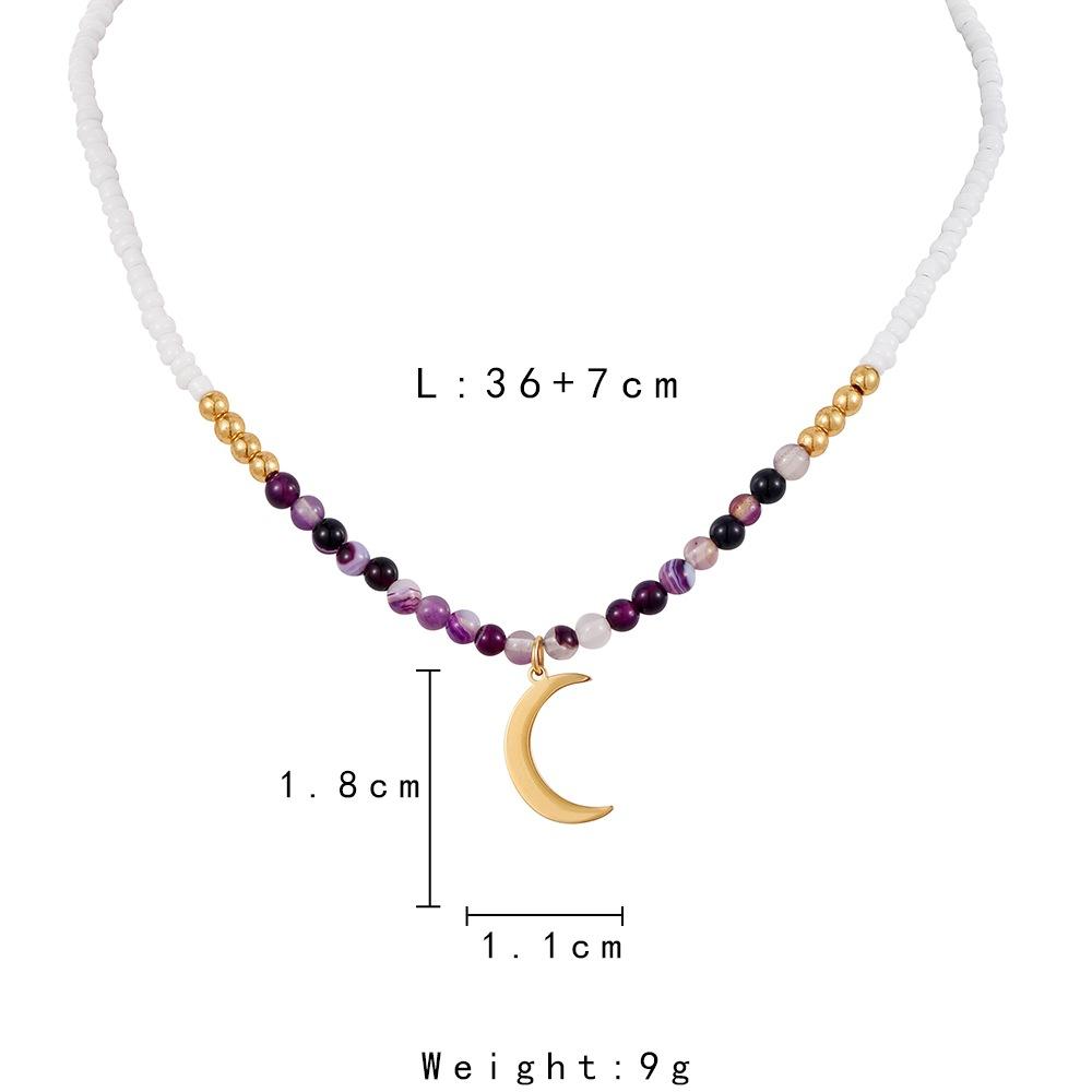 Color Zircon Crescent Pendant Light Luxury Niche Design Sense Short Stainless Steel Moon Beaded Amethyst Stone Necklace