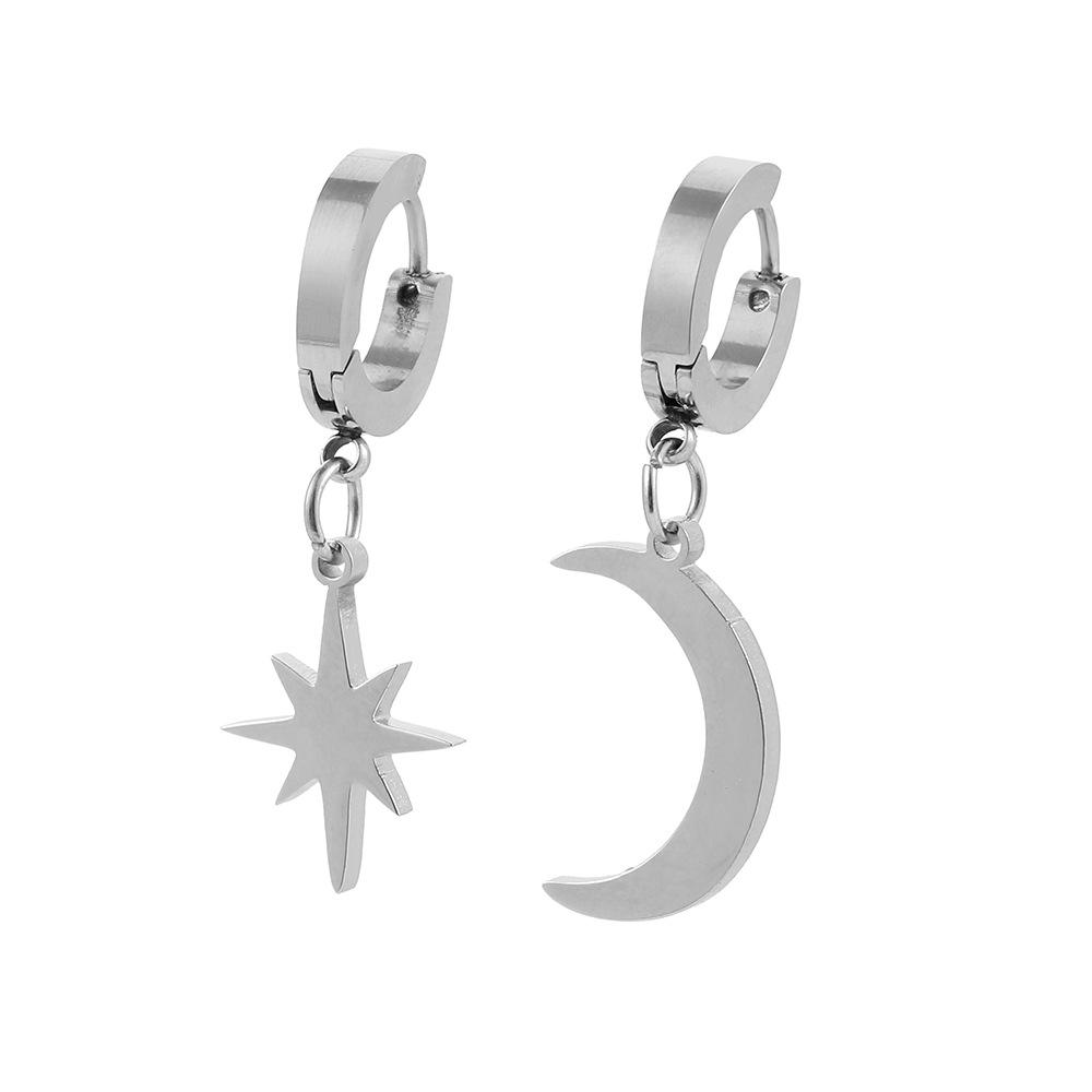 Trendy Personality Men's Simple Fashion Stainless Steel Personality Star Moon Asymmetrical Earrings Jewelry