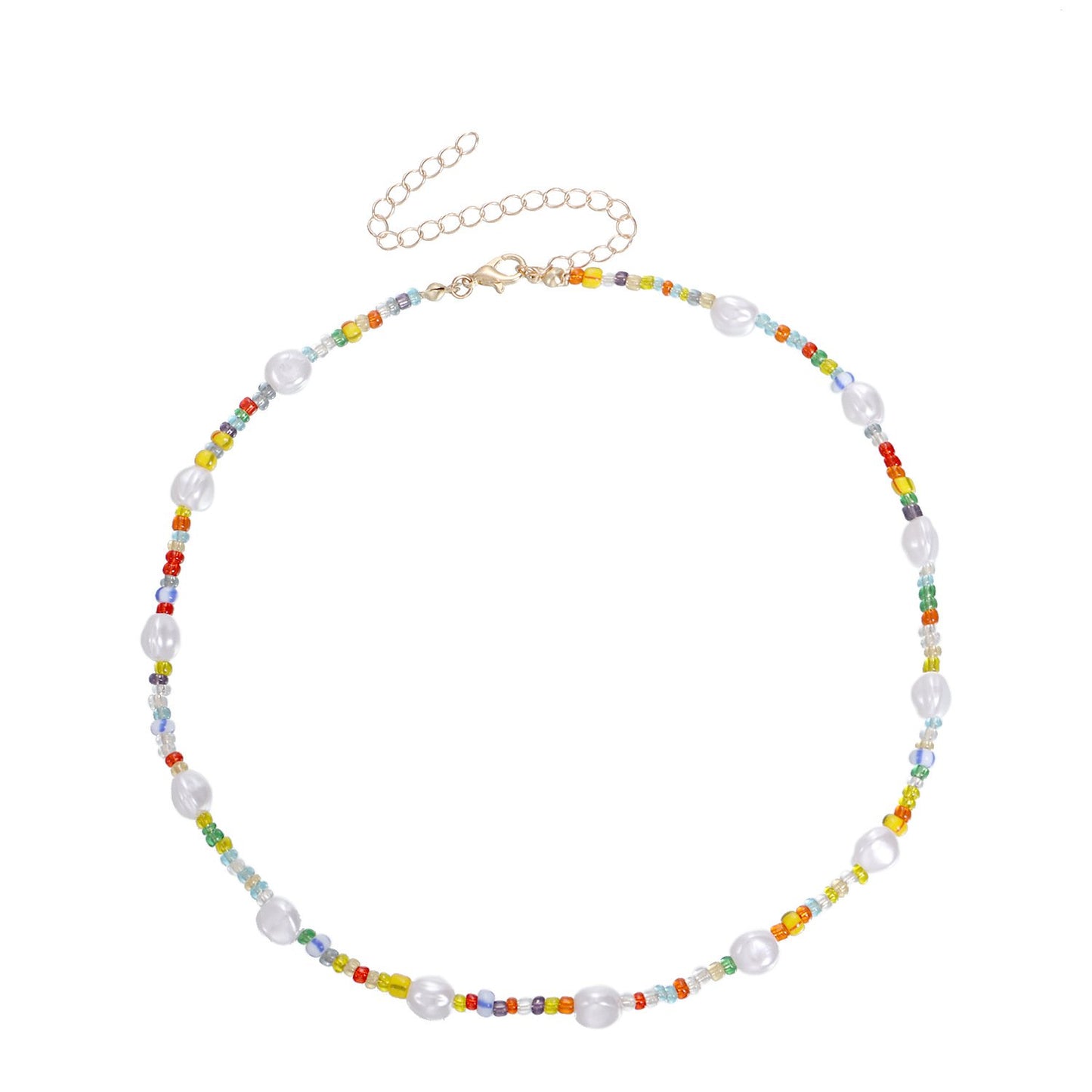 Jewelry Color Transparent White and Blue Rice Bead Necklace Female Fashion Popular Personality Pearl Necklace