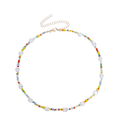 Jewelry Color Transparent White and Blue Rice Bead Necklace Female Fashion Popular Personality Pearl Necklace