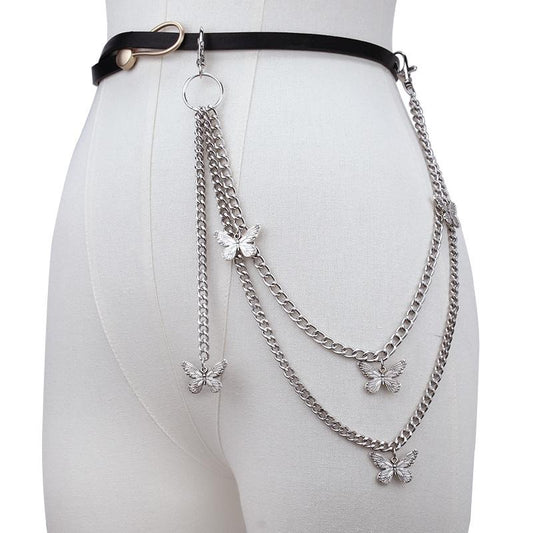 Jewelry trend hip-hop retro double-layer ring butterfly pants chain alloy multi-layer hanging chain ins waist chain