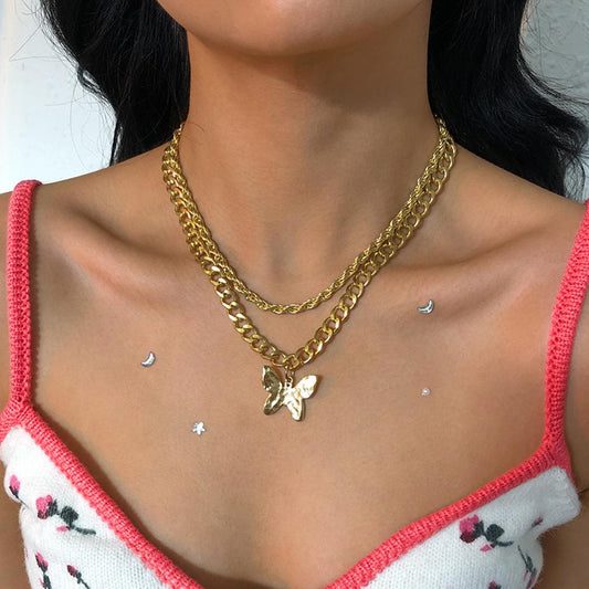 N9341 Exaggerated Double Layer Necklace Female Hip Hop Personality Thick Chain Necklace Creative Butterfly Pendant Necklace