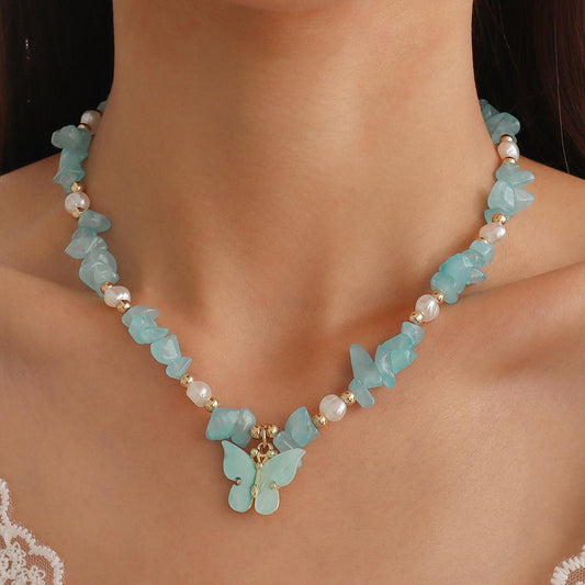 N9967 Net Red Necklace Female Xiaoxiang Retro Contrast Color Collarbone Necklace Imitation Pearl Butterfly Beaded Necklace