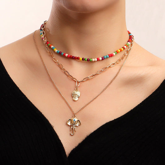 Jewelry trend multi-element color turquoise elephant nose pendant necklace female ins skull necklace