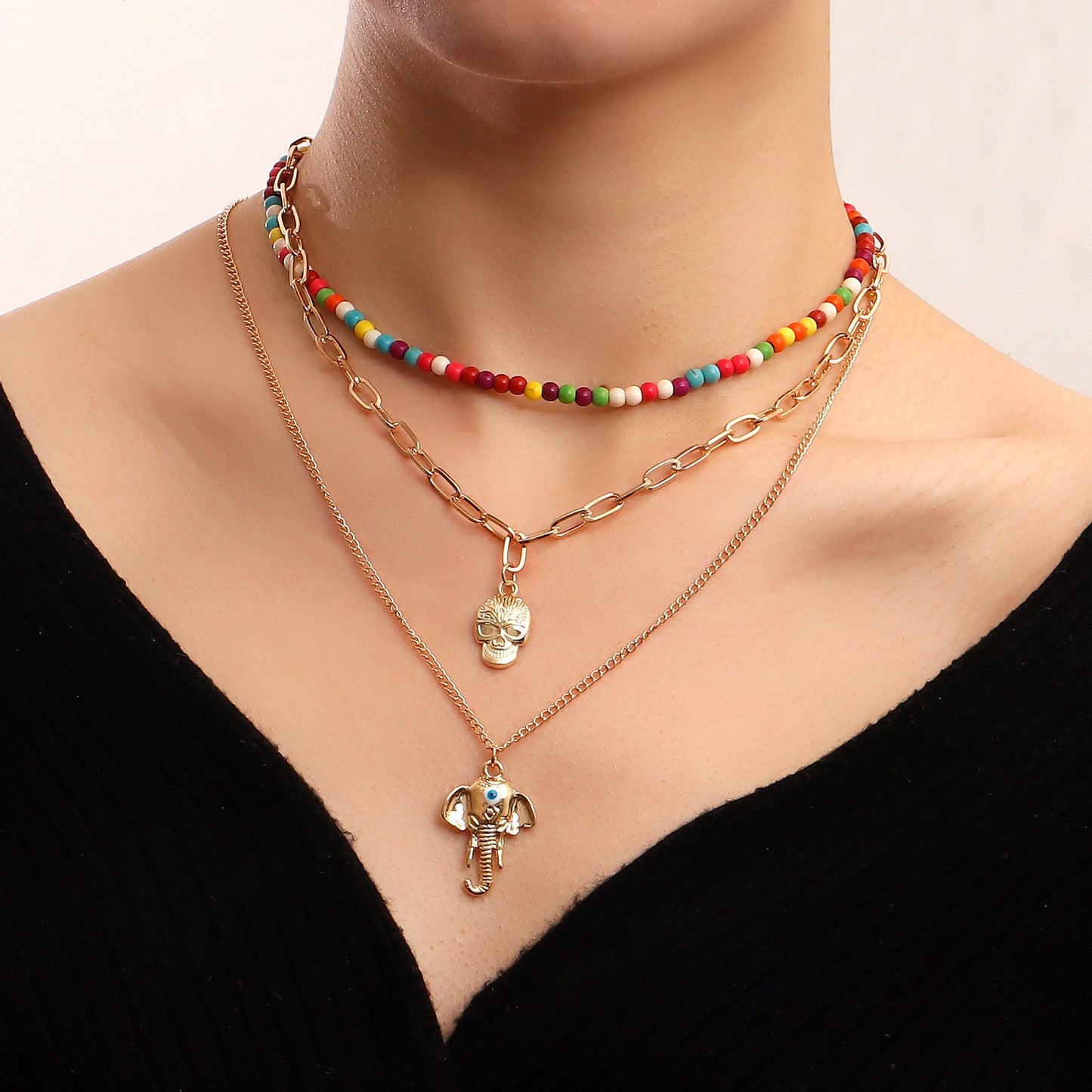 Jewelry trend multi-element color turquoise elephant nose pendant necklace female ins skull necklace