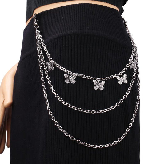 Jewelry trend hip-hop retro double-layer ring butterfly pants chain alloy multi-layer hanging chain ins waist chain