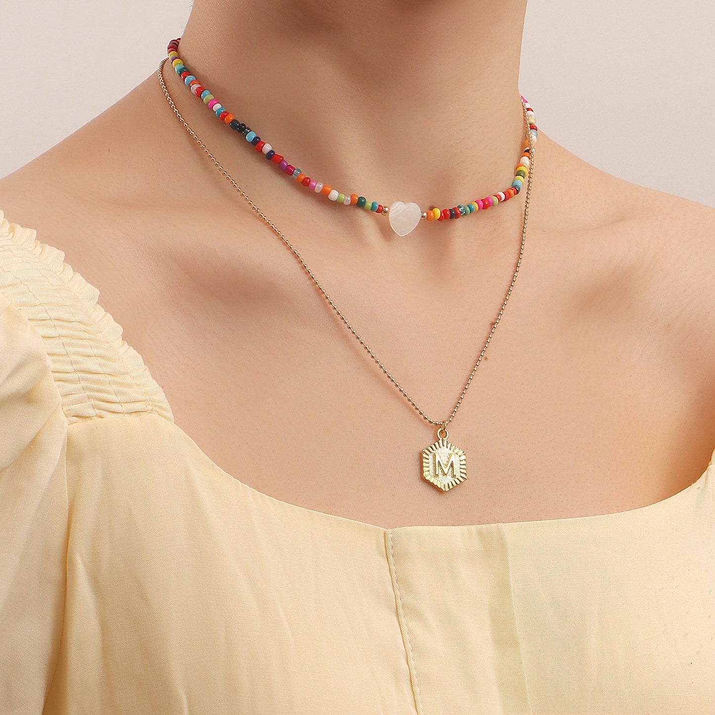 Jewelry Bohemian double mother-of-pearl love letter pendant necklace female color rice bead necklace