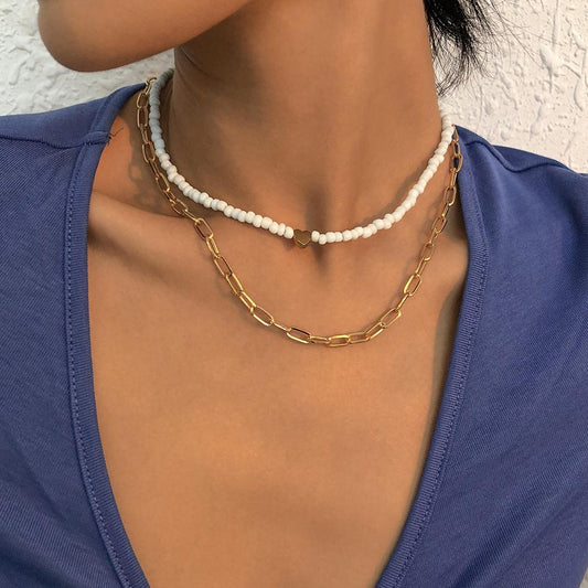 N9226 Personalized Stacking Mashup Necklace Rice Beads Simple Love Necklace Double-layer Trendy Age-Reducing Necklace Female