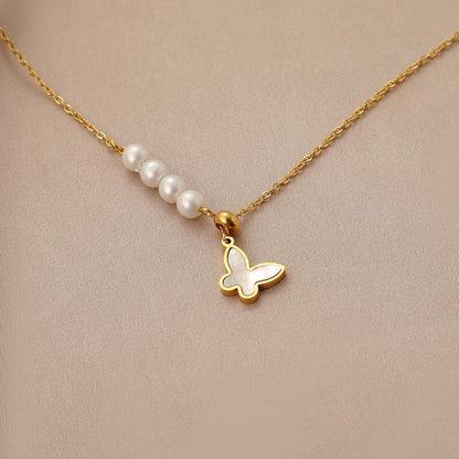 Fashion stainless steel butterfly mother-of-pearl pendant titanium steel trendy aesthetic and elegant pearl clavicle necklace