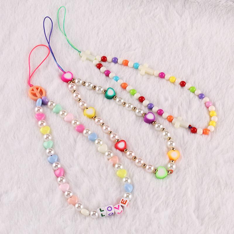 Ethnic diy color soft pottery imitation pearl acrylic geometric beaded mobile phone chain