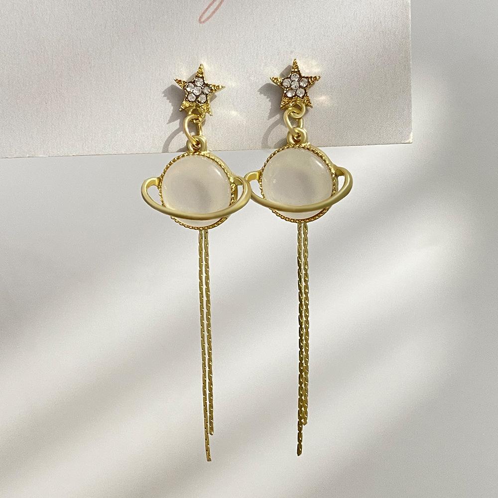 Ins space planet earrings female fashion temperament cat eye ball long tassel earrings personality earrings fashion