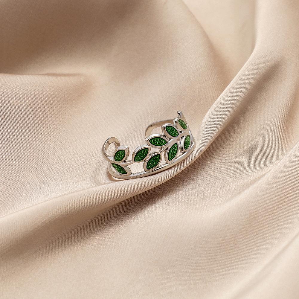 Retro fashion stainless steel dripping oil green leaves wheat ears opening ring personalized titanium steel ring female jewelry