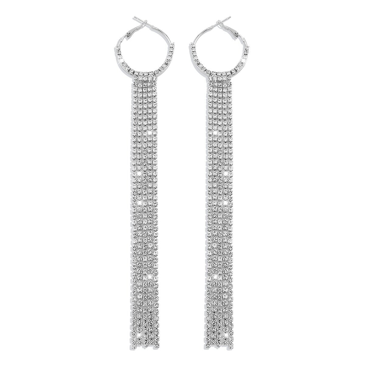 E1466 Exaggerated Long Rhinestone Tassel Earrings Women's Light Luxury Geometric Net Red Night Earrings