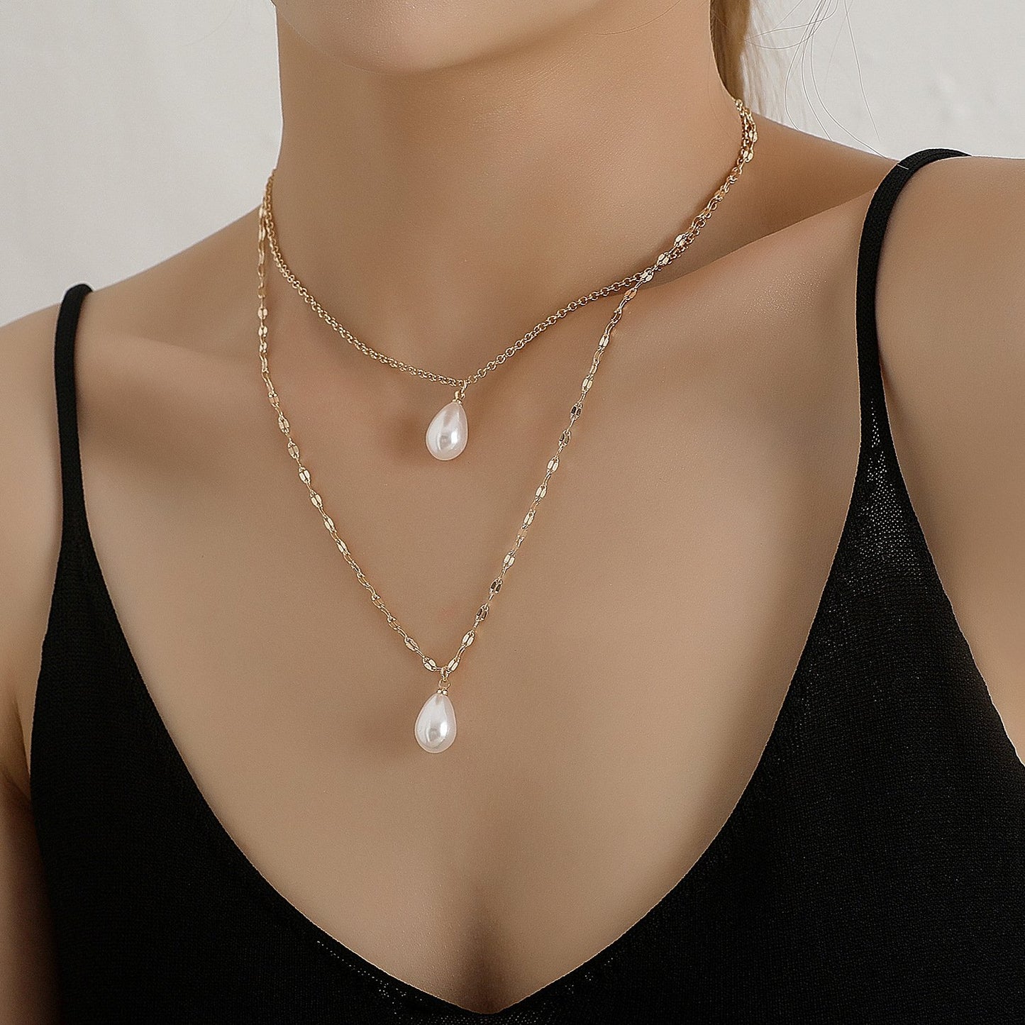 Jewelry Melon Seeds Chain Pearl Drop Shape Necklace Women's Fashion Simple Double Layer Necklace