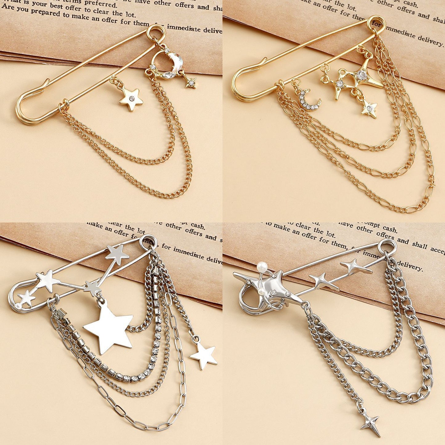 Jewelry Retro Diamond Star Crescent Tassel Small Fragrance Brooch Clothing Pendant Pin Accessories Female