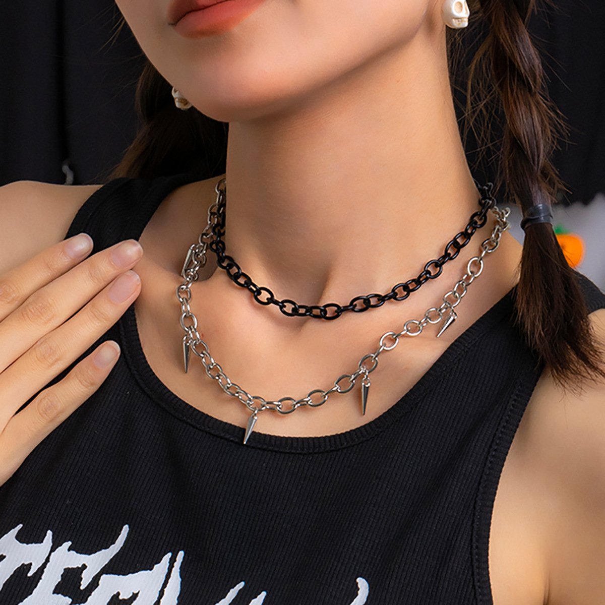 Jewelry sweet and cool double-layer mixed color rivet tassel necklace female personality tapered cross chain necklace