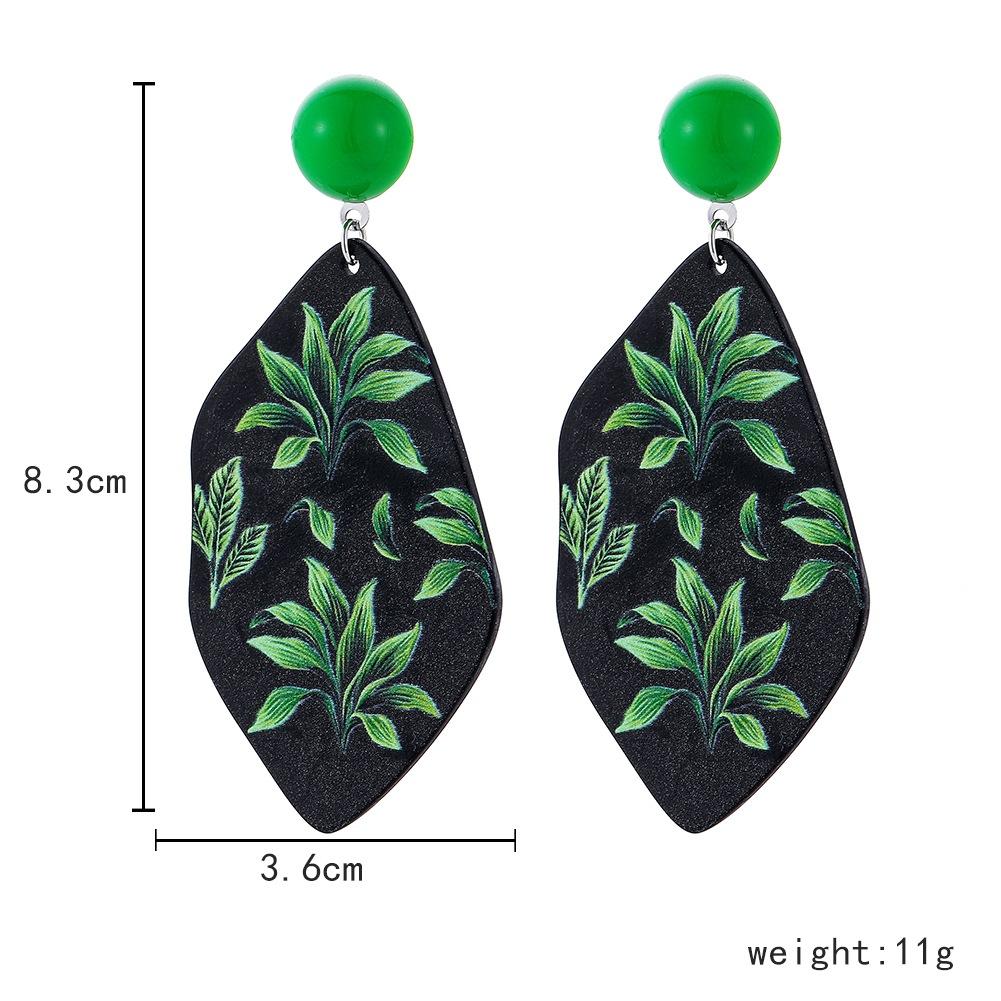 Ins black bottom green plant contrast color graffiti earrings niche personality temperament acrylic ear jewelry